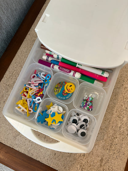 TrayWorks organizer tray holding markers , googly eyes, stickers, buttons and craft supplies